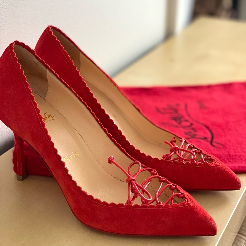 Christian Louboutin Cherry Red Scalopump 85MM Fraise Suede Heels 37.5 - Picture 11 of 12